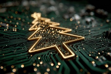 Golden Christmas tree shape on dark circuit board, blending tech