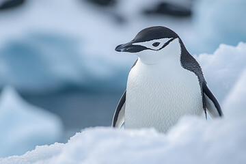 A chinstrap penguin calmly standing on icy terrain in its natural Antarctic habitat. A clean wildlife portrait showing the beauty and purity of polar nature.