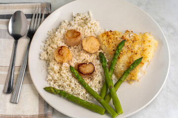 baked haddock with  pan sheared scallops