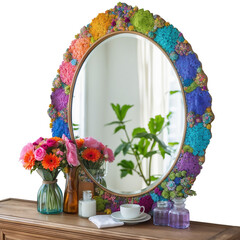 3d icon of mirror with flowers isolated on transparent background, studio shot, decoration