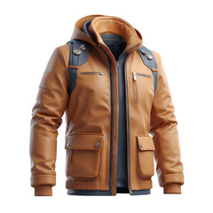 3d icon of stylish brown leather jacket with a hood isolated on transparent background