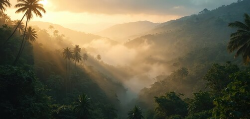 Obraz premium Tropical rainforest valley shrouded in heavy mist. Golden sun rays pierce through thick fog, towering palm trees, vibrant green foliage. Remote mountain landscape creates tranquil, peaceful, natural