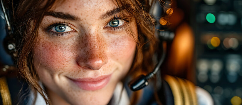 Confident female flight instructor smiling inside cockpit during aviation training course session