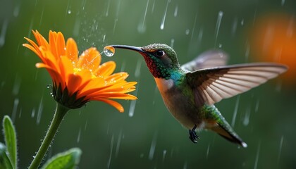 Fototapeta premium Hummingbird hovers in rain, drinking water from orange flower. Bird has green feathers, long beak and fast wings. Colorful tropical scene with rain drops and bright bloom.