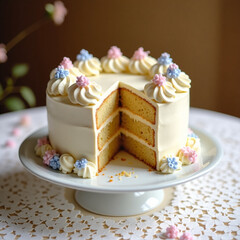 Delightful vanilla sponge cake with creamy frosting and charming pastel floral decorations, elegantly presented on a cake stand, perfect for celebrations and sweet moments.