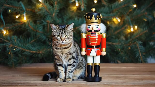 Cat poses beside nutcracker decoration during holiday season