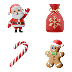Fototapeta premium 3d Charming Santa Claus gift bag candy cane and gingerbread man festive holiday designs isolated on png transparent background