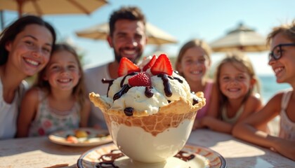 Happy family enjoys sundae at outdoor cafe. Parents and children share dessert together on vacation. Smiling faces and delicious ice cream create joyful moment.
