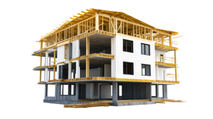 Unfinished multistory building framework with wooden beams and concrete