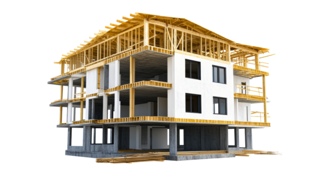 Unfinished multistory building framework with wooden beams and concrete