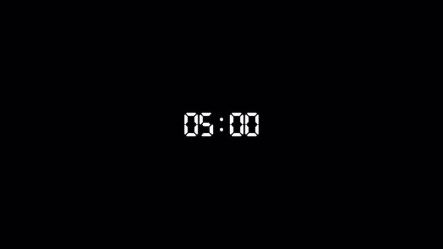 5 minute countdown animation in 5 seconds on transparent background, five minute digital countdown with alpha channel , five minute countdown video with digital clock time