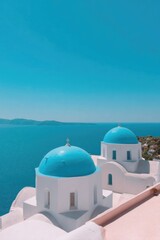 Bright blue domes contrast with serene sea and sky, capturing summer vibes, tranquility
