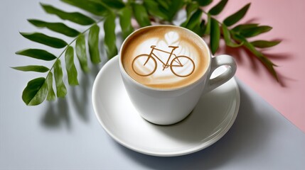 Coffee cup with a bicycle on it sits on a white plate. Concept of leisure and relaxation, as the bicycle is a symbol of outdoor activity and enjoyment. The cup itself is a simple, elegant design
