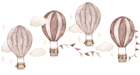 Brown balloons. Watercolor hand-drawn horizontal border with brown and beige hot air balloon, flags, clouds and stars. Fairytale pattern for kids. © Nellya Egorova