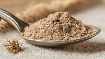 Benefits of Rhodiola. Spoonful of brown spice powder on textured fabric surface.