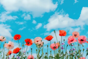 Fototapeta premium Vibrant red and pink poppies bloom against a bright blue sky with white clouds