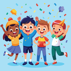 Fototapeta premium Joyful Children Celebrate Party with Confetti and Smiles Holiday Celebration Happy Kids Vector Illustration