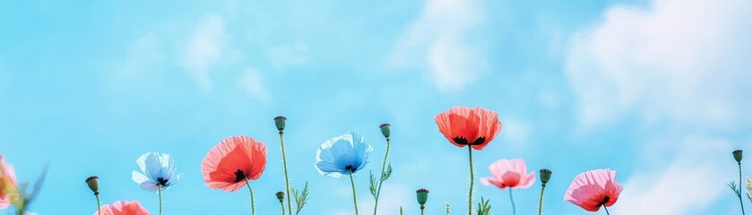 Delicate poppies in shades of red blue and pink bloom against a bright blue sky with wispy clouds