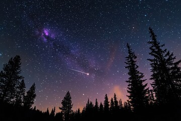 Fototapeta premium A meteor streaks across a starry night sky above silhouetted evergreen trees