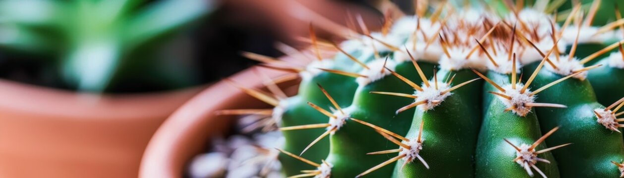 Close up of a green cactus with sharp golden spines and white fuzzy areoles in a terracotta pot