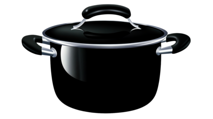 Shiny black cooking pot with metal accents