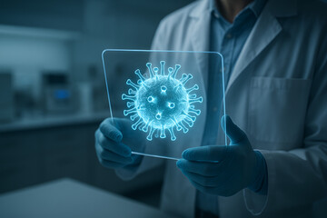 Scientist Holding Transparent Tablet with 3D Virus Model