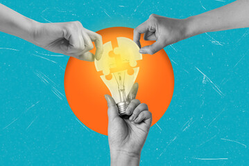 Collaboration sparks innovation as hands connect puzzle pieces around a glowing light bulb