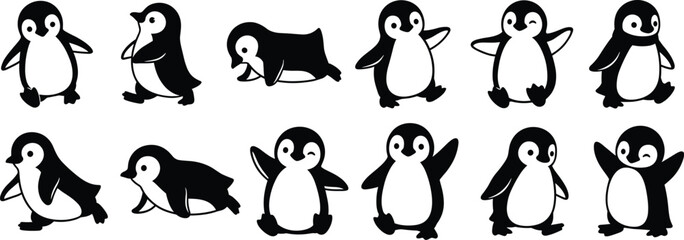 Cartoon penguins illustration, playful penguin poses, walking sliding waving penguins, whimsical animal artwork, children’s book design, cute wildlife vector, flat vector © stock i
