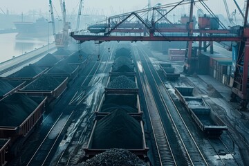 Naklejka premium Coal train cars standing on railroad tracks in a port terminal, waiting to be loaded with coal by a crane