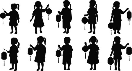 Children holding lanterns silhouettes, cultural festival celebration, traditional holiday artwork, Mid-Autumn Festival design, night parade illustration, flat vector artwork © stock i