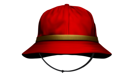 Red pith helmet with gold band and chin strap