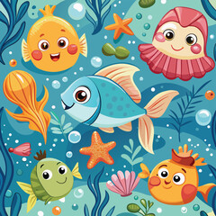 Obraz premium Whimsical undersea world illustration featuring cute cartoon fishes and other marine life