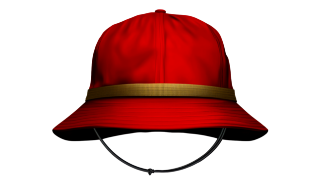 Red pith helmet with gold band and chin strap
