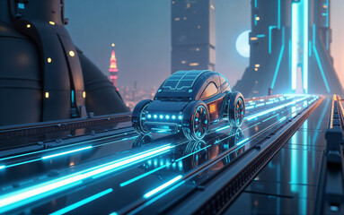 Futuristic Vehicle on Neon Bridge
