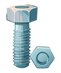 Tall Silver Hex Head Bolt with Two Nuts Vector Cartoon Illustration for Strong Mechanical Threaded Connection