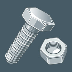 Tilted Silver Hex Head Bolt and Nut Vector Illustration on Dark Surface for Modern Industrial Fastener Design