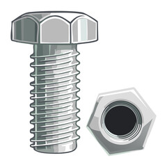 Silver Hex Head Bolt with Exposed Thread and Cropped Nut Vector Illustration for Industrial Design Component
