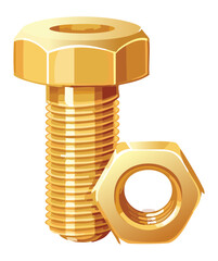 Shiny Golden Hex Head Bolt and Nut Vector Cartoon Illustration for Luxury Hardware or High Quality Mechanical Parts