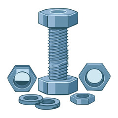 Central Blue Hex Head Bolt with Nuts Arranged at the Base Vector Cartoon Illustration for Assembly and Repair Tools