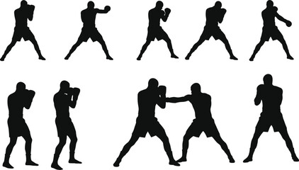 Flat vector silhouettes of boxers fighting, punching, sparring, training, martial arts, competition, sports action, fitness, strength, combat, athletic ition, 