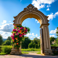Fototapeta premium A wooden archway decorated with large hibiscus flowers and other lush foliage A wooden archway decorated with large hibiscus flowers and other lush foliage