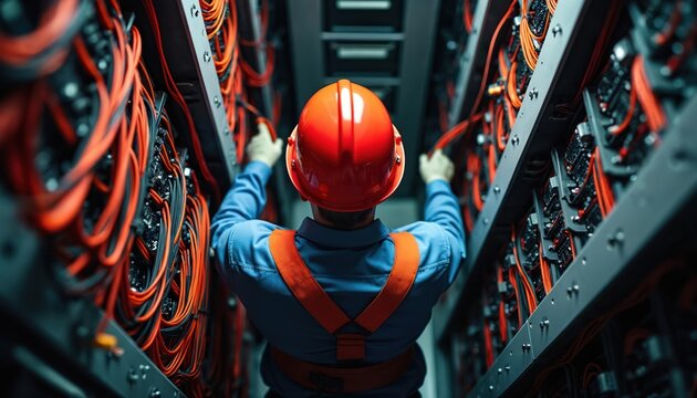 Electrician works inside server room. Man in hard hat repairs network cables. Technician installs fiber optic wires. Electrical engineer connects equipment in data center. Pro at tech job.