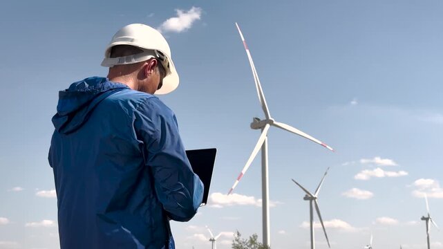 Worker inspects windmill on renewable energy farm. Wind industry worker monitors turbine performance using laptop. Windmill worker ensures efficient operation. Sustainable wind industry worker on site