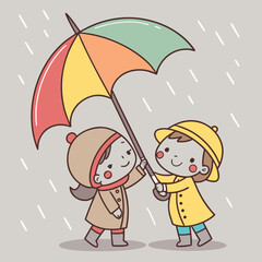 Delightful cartoon of children sharing a colorful umbrella in the rain, perfect for illustrating friendship, weather, or seasonal themes in a whimsical style