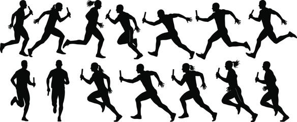 Flat vector silhouettes of relay race runners, baton handoff, sprinting athletes, track and field, teamwork, competition, sport, fitness, illustration