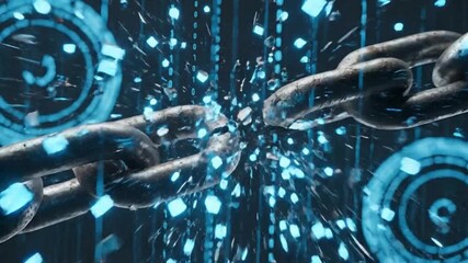 Dynamic blockchain security video showing chain breaking with blue light effects, representing cybersecurity innovation and technology disruption - Powered by Adobe