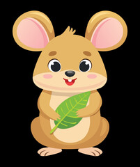 Happy Cartoon Animal Mouse or Hamster Holding a Fresh Green Leaf, Simple Vector Illustration Artwork