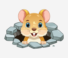 Adorable Baby Wild Animal Mouse or Hamster Peeking Out of a Rocky Den, Vector Graphic Art Illustration