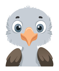 Sweet Baby Cartoon Animal Eagle or Vulture Bird Portrait with Big Round Eyes, Simple Vector Graphic Design