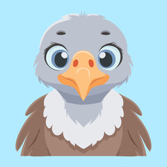 Adorable Baby Cartoon Animal Eagle or Vulture Bird Portrait with Large Orange Beak, Simple Vector Graphic